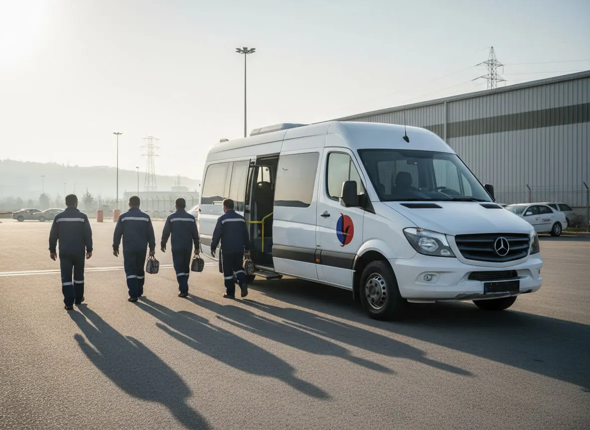 Fabrika kapısında Yugam Grup logolu beyaz servis minibüsü; lacivert üniformalı dört çalışan sabah ışığında araca doğru yürüyor