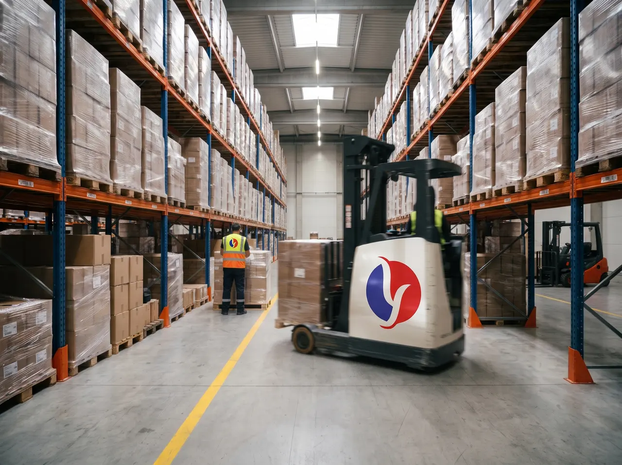 Depo koridorunda Yugam Grup logolu forklift paletli yükü taşırken, arkada raflarda streçlenmiş paletler
